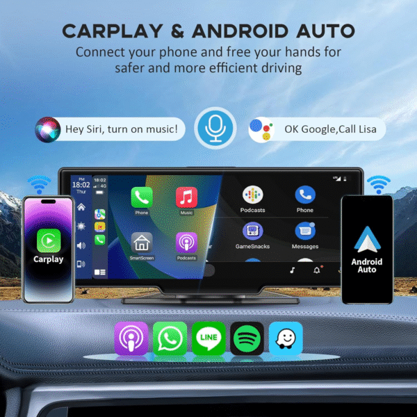 Wireless Carplay Screen, 10.26"Portable Car Play & Android Auto Touch Screen, Bluetooth Double Din Car Stereo with 4K Dash Cam,1080P Backup Camera/Mirror Link/Voice Control/Gps/Aux/Fm for All Vehicles - Image 2