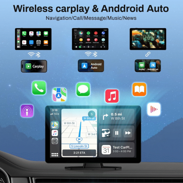Wireless Carplay Screen for Car with 4K Dash Cam, 9" Portable Carplay & Android Auto, Car Stereo Touchscreen with 1080P Backup Camera, GPS Navigation/Voice Control/Mirror Link/Bluetooth - Image 2