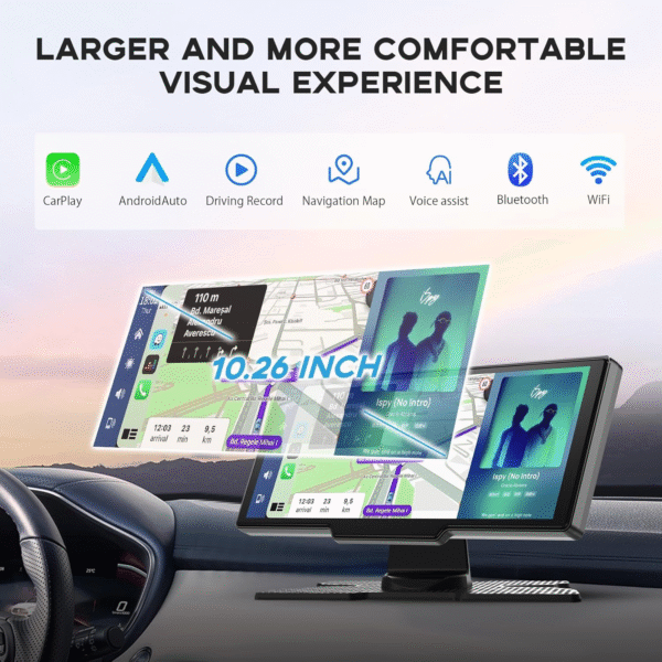 Wireless Carplay Screen, 10.26"Portable Car Play & Android Auto Touch Screen, Bluetooth Double Din Car Stereo with 4K Dash Cam,1080P Backup Camera/Mirror Link/Voice Control/Gps/Aux/Fm for All Vehicles - Image 6
