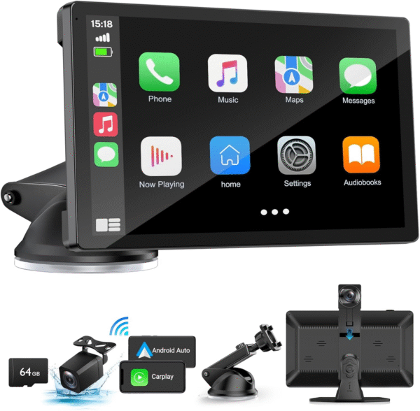 Wireless Carplay Screen for Car with 4K Dash Cam, 9" Portable Carplay & Android Auto, Car Stereo Touchscreen with 1080P Backup Camera, GPS Navigation/Voice Control/Mirror Link/Bluetooth