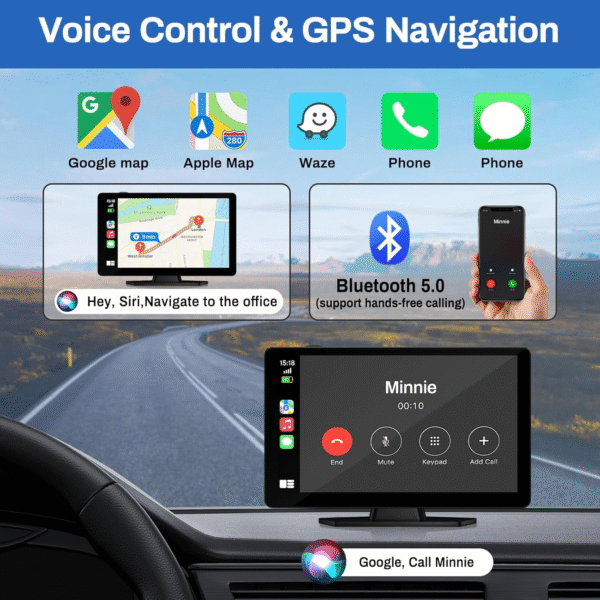 Wireless Carplay Screen for Car with 4K Dash Cam, 9" Portable Carplay & Android Auto, Car Stereo Touchscreen with 1080P Backup Camera, GPS Navigation/Voice Control/Mirror Link/Bluetooth - Image 3