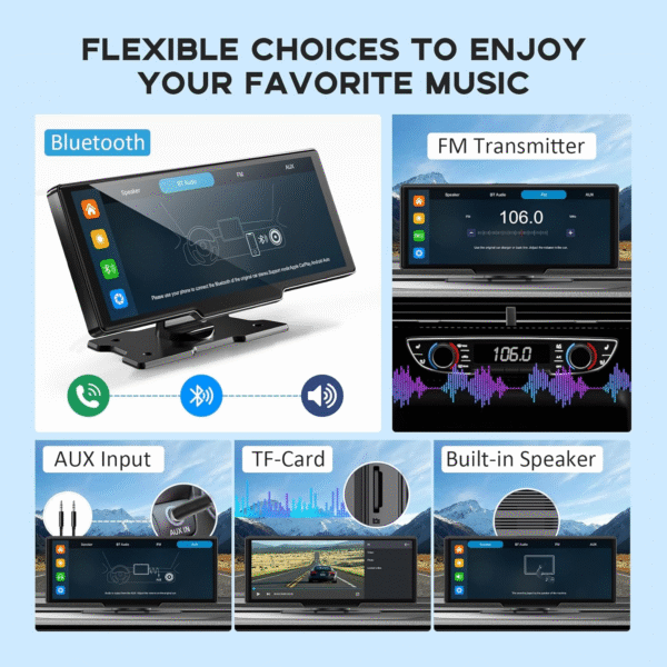 Wireless Carplay Screen, 10.26"Portable Car Play & Android Auto Touch Screen, Bluetooth Double Din Car Stereo with 4K Dash Cam,1080P Backup Camera/Mirror Link/Voice Control/Gps/Aux/Fm for All Vehicles - Image 4