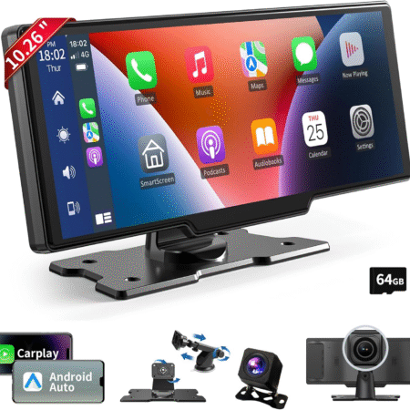 Wireless Carplay Screen, 10.26"Portable Car Play & Android Auto Touch Screen, Bluetooth Double Din Car Stereo with 4K Dash Cam,1080P Backup Camera/Mirror Link/Voice Control/Gps/Aux/Fm for All Vehicles