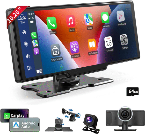 Wireless Carplay Screen, 10.26"Portable Car Play & Android Auto Touch Screen, Bluetooth Double Din Car Stereo with 4K Dash Cam,1080P Backup Camera/Mirror Link/Voice Control/Gps/Aux/Fm for All Vehicles